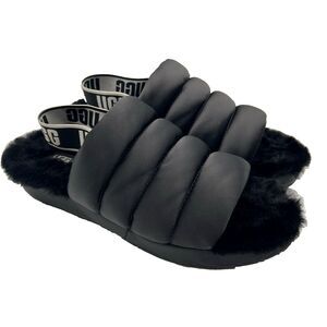 UGG Puff Yeah Slipper Sandal Slide Black Satin Elastic Back Women’s size 10M